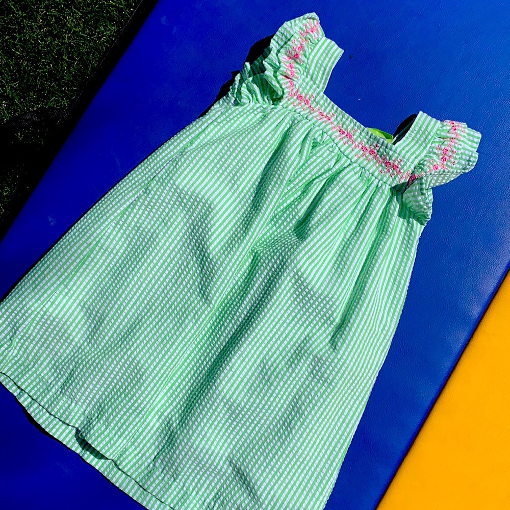 Green & white seersucker w/ pink embroidery dress